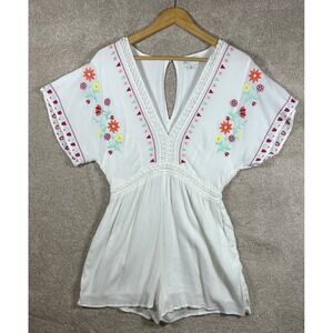 White Embroidered Floral Romper Festival Boho Medium M BOHO CHIC